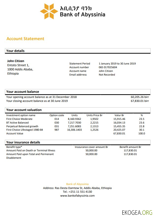 Relevé bancaire de l'Ethiopie Bank of Abyssinia